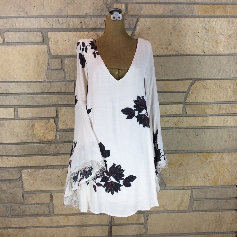 Free People Wanderer V Neck Floral Mini Dress with Bell Lace Trimmed Sleeves